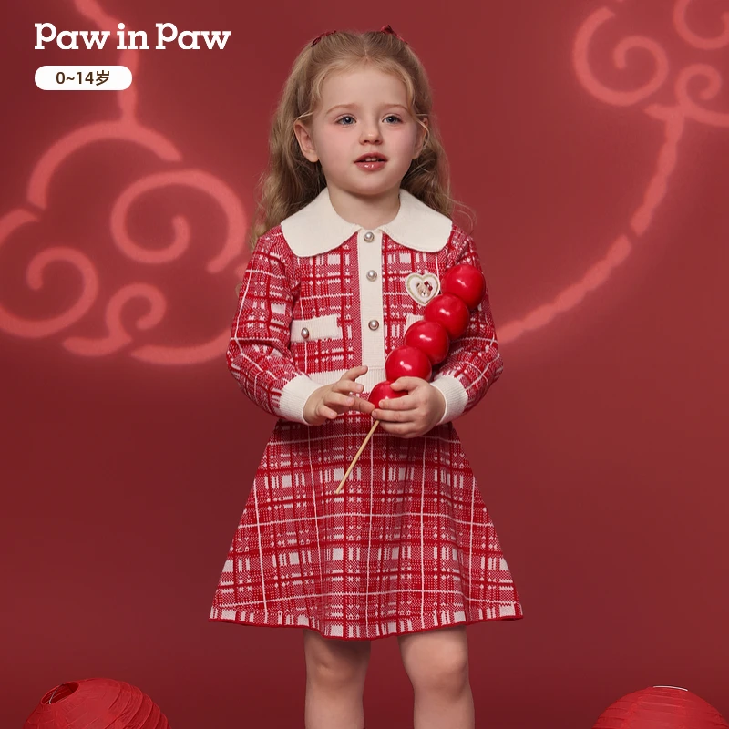 【节日款】PawinPaw女童千鸟格小香风公主针织连衣裙儿童PCOKG6C51E