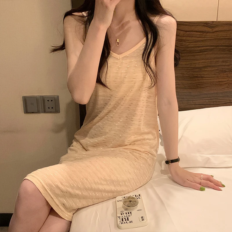 吊带睡裙女款夏季棉质奶油色黄条纹女士纯欲风v领休闲睡衣裙夏天