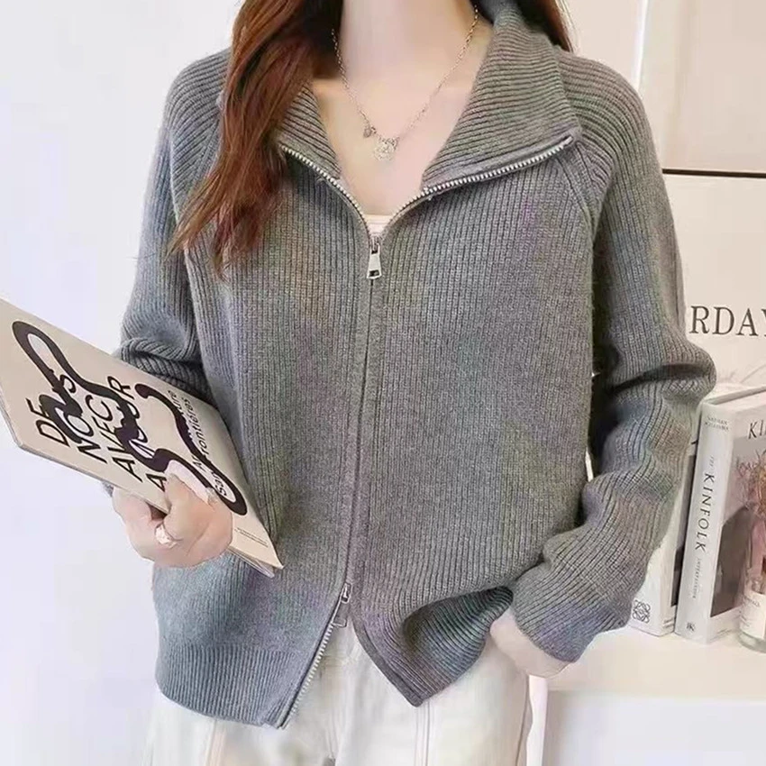 【高货-拉链开衫】翻领春秋新款百搭纯色针织开衫毛衣外套女  908