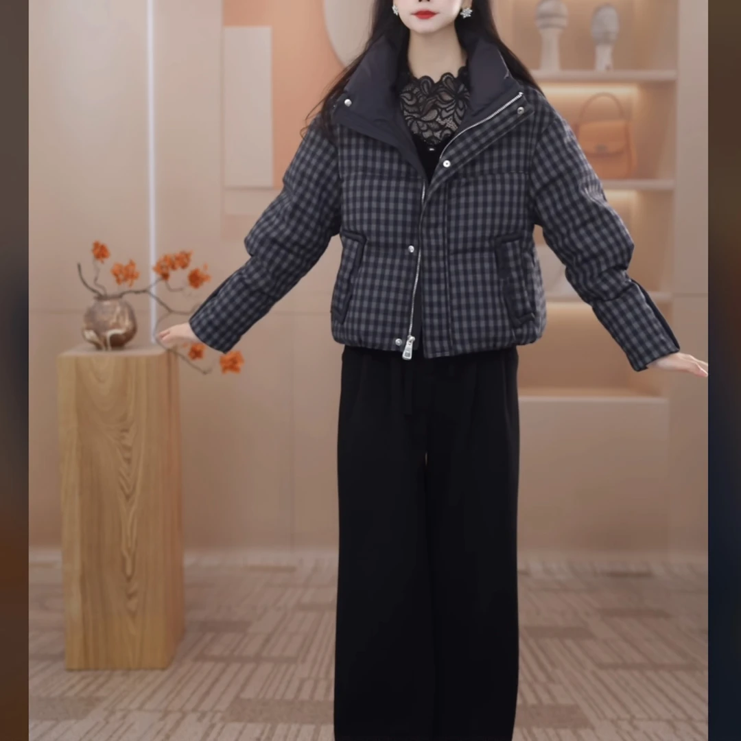 【羽绒服】2025年冬季新款洋气气质时尚百搭保暖加厚短款格子羽绒服