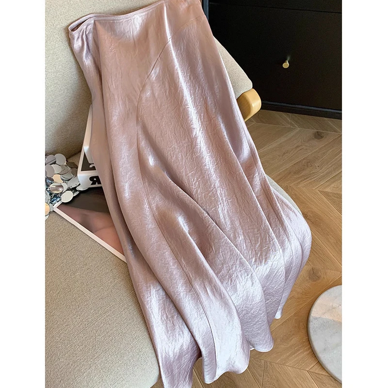 莓果粉新中式醋酸缎面半身裙女秋季2024高腰垂感显瘦高ji感a字裙