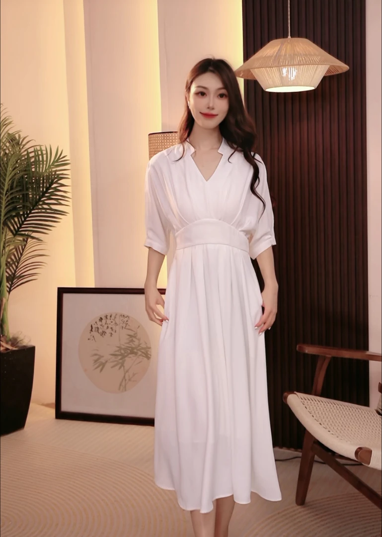 韩版显瘦裙子气质中袖长裙女夏季连衣裙