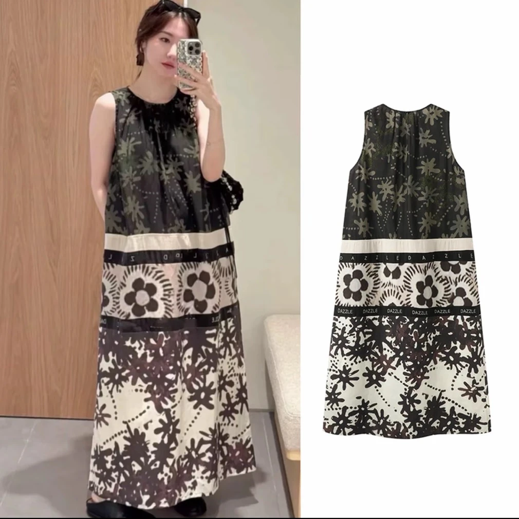 【月影】复古花朵拼接长裙无袖圆领连衣裙.J0121