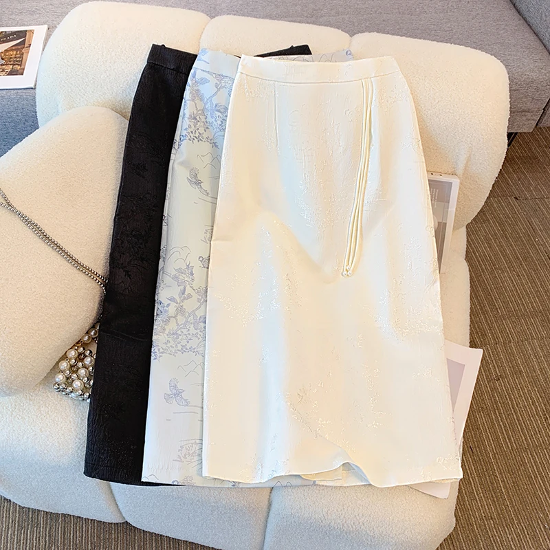 新中式国风半身裙中长款女春秋2025新款开叉提花显瘦a字包臀裙子