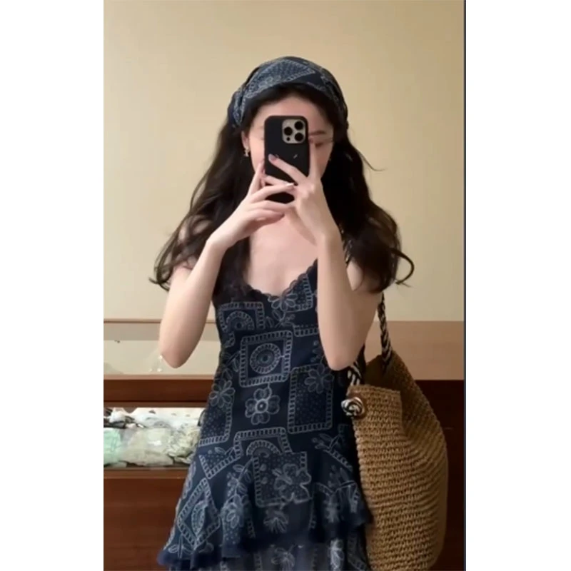 夏季新款修身显瘦设计感小众复古无袖印花上衣休闲简约宽松长裤女