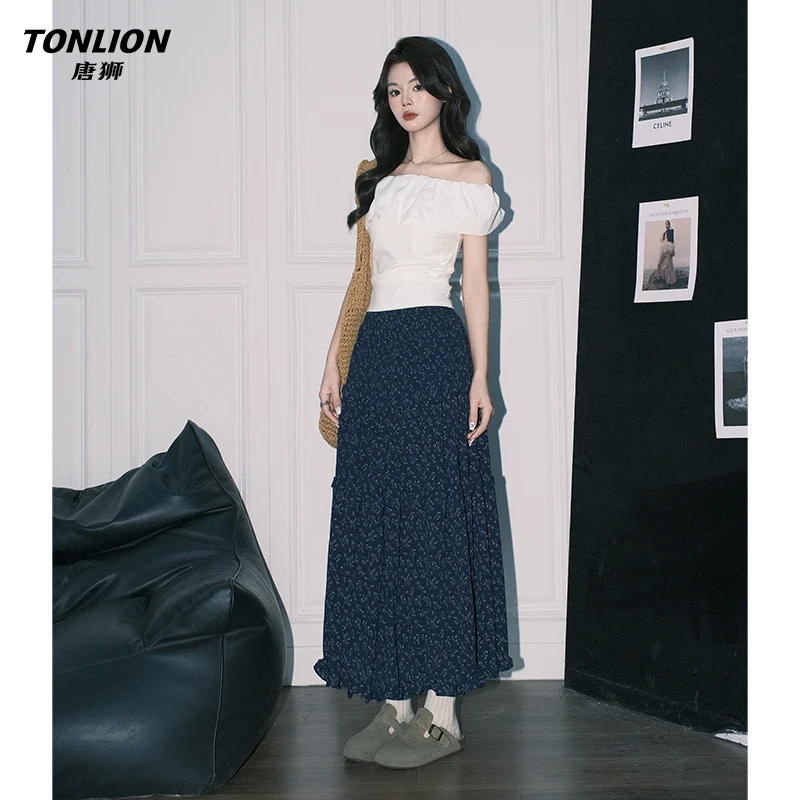 唐狮韩系深蓝色碎花蛋糕半身裙女高腰宽松A字裙度假风大摆长裙子