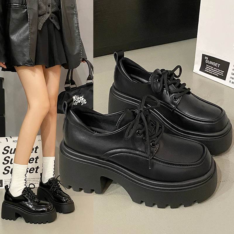 厚底小皮鞋女2025春季新款百搭通勤英伦风复古jk鞋增高系带乐福鞋