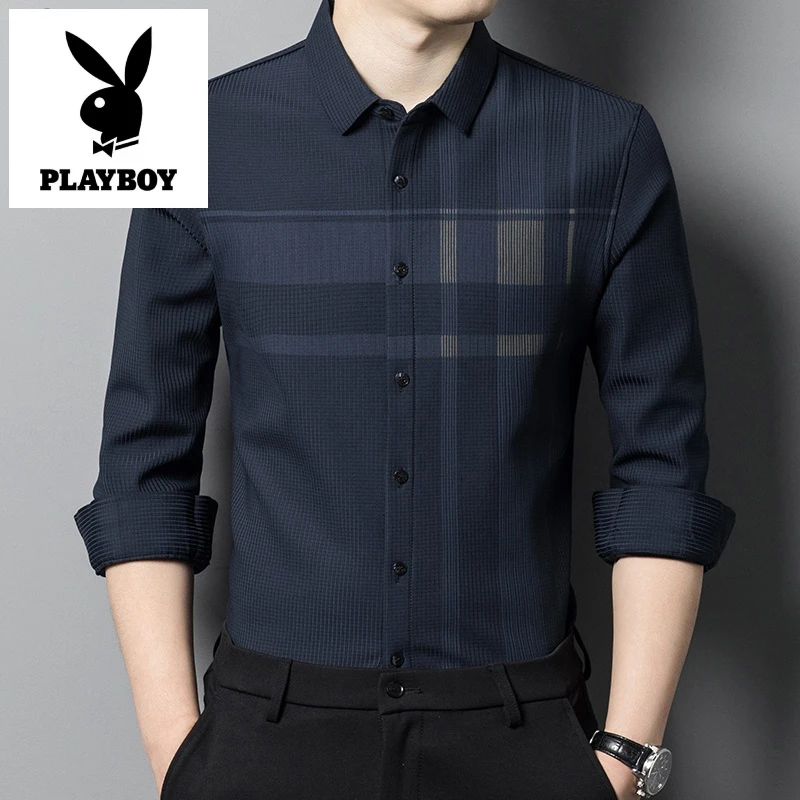 花花公子春秋季薄款男士长袖衬衫商务休闲格子上衣修身衬衣爸爸