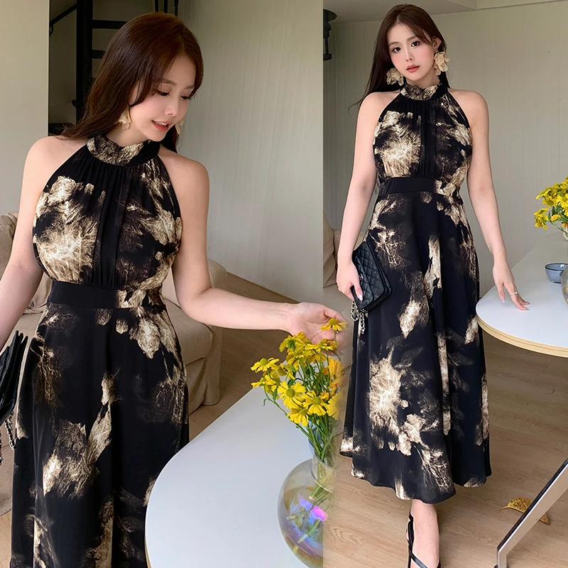 大码女装高级感穿搭新中式夏季新款温柔复古水墨印花连衣裙2029
