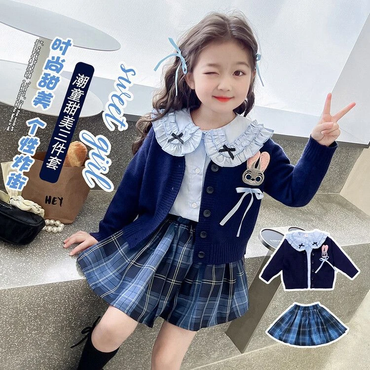 女童春秋款儿童格子学院风新款洋气时髦春季女宝宝春装jk套装
