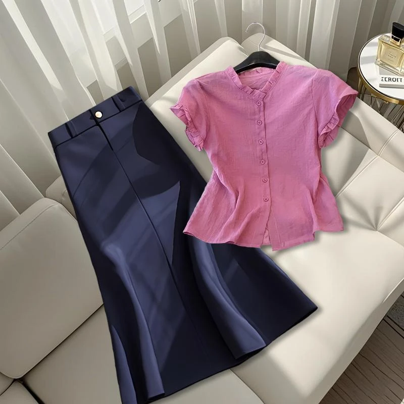 2025夏季新款时尚复古短袖亚麻上衣上班族通勤高腰显瘦半身裙女装