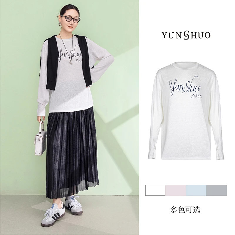 允硕新品百搭女圆领字母印花透气吸汗宽松套头长袖气质上衣349642