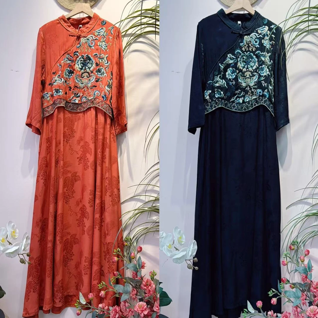 民族风国风立领盘扣重工提花刺绣修身显瘦长款气质连衣裙311-1