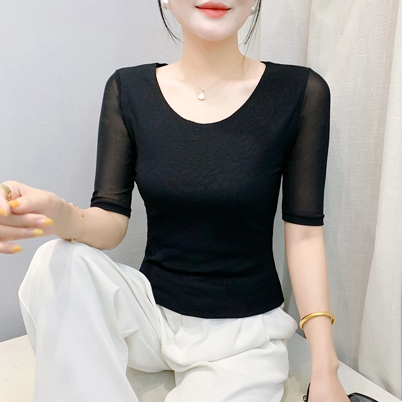 【马老师专属】夏季圆领中袖T恤上衣纯色打底时尚跳舞服气质显瘦女