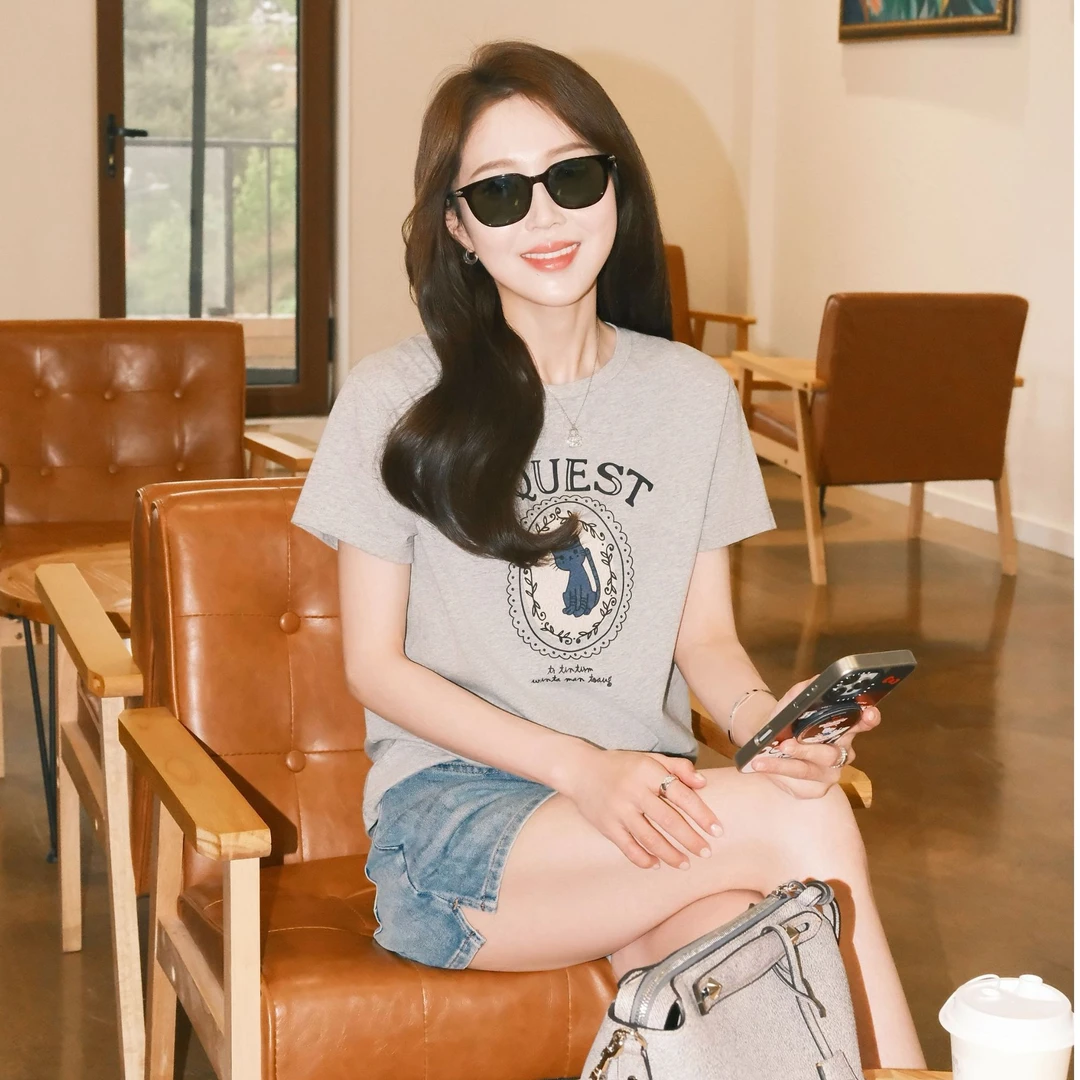 Beam Boon【香风千金T】韩国棉舒爽透气贴布印花抗皱显瘦短袖