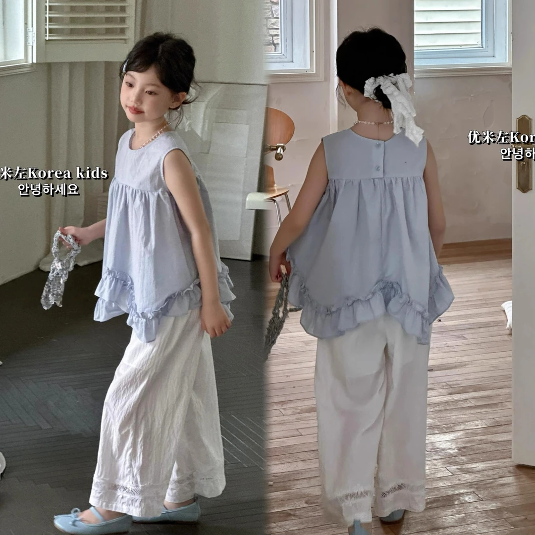 女童套装2025夏季新款女宝宝不规则荷叶边上衣娃娃衫阔腿裤两件套