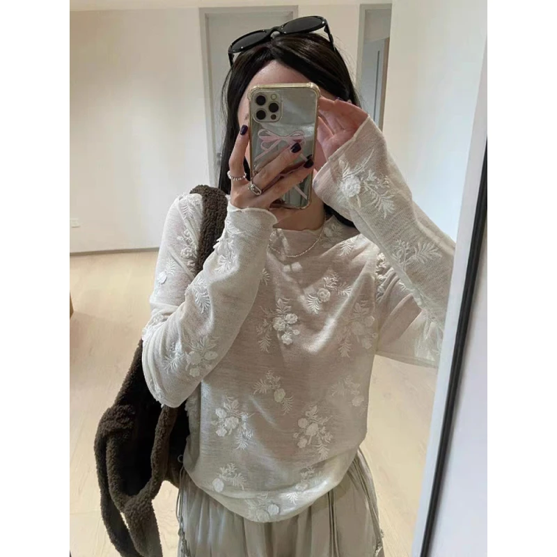 早秋新款叠穿立体刺绣小花微透高级感打底衫长袖31822