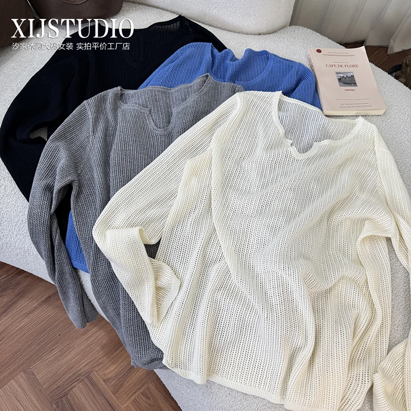 汐家大码 秋季圆领套头款毛针织衫大码新款镂空上衣长袖纯色简约