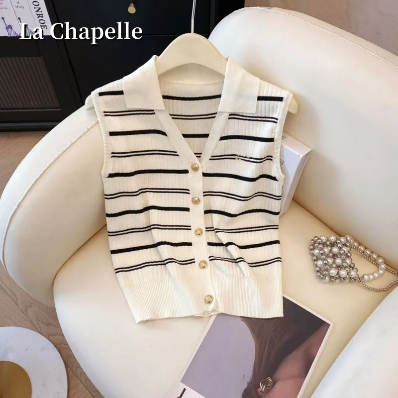 拉夏贝尔法式条纹无袖POLO领修身型针织衫百搭洋气薄款休闲风上衣
