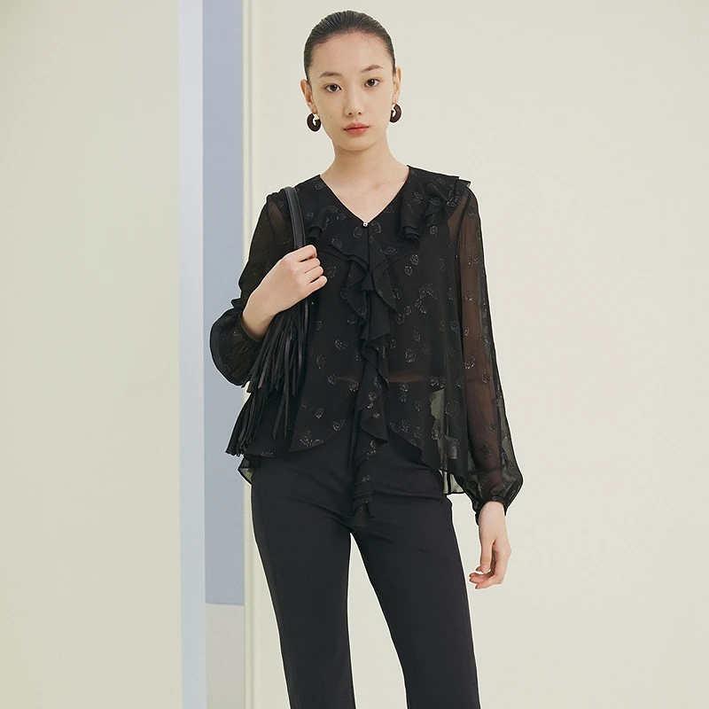 FS优雅荷叶边领桑蚕丝提花套头衬衫女25夏新款2321A