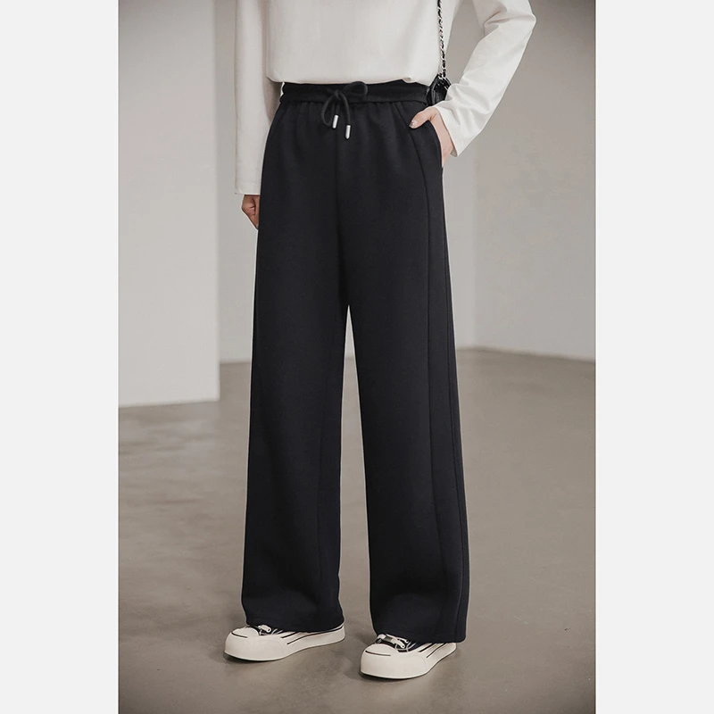 小谷粒自在休闲裤 高腰显瘦直筒裤子女春季款黑色抽绳小个子卫裤