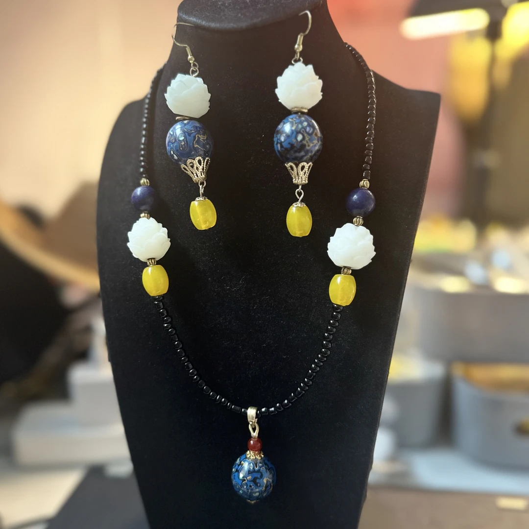 铜合金项链 新中式风格大漆珠吊坠长款民族风彩色百搭配饰套装女