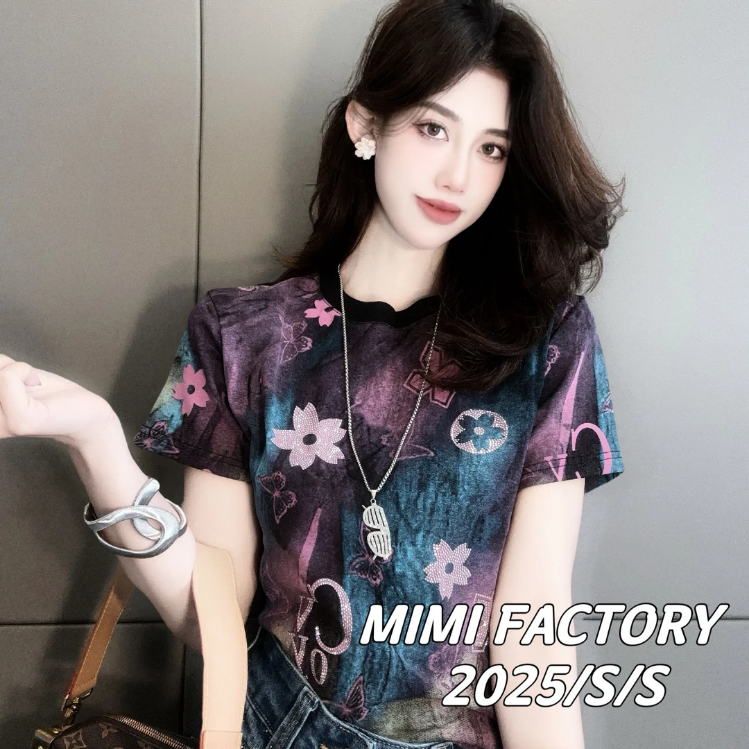 2025新款短袖 欧货晕染烫钻印花短袖T恤女修身显瘦上衣#2868