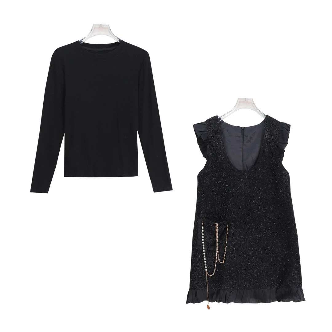 S圆领纯色长袖内搭小香风飞飞袖背心裙套装S5332