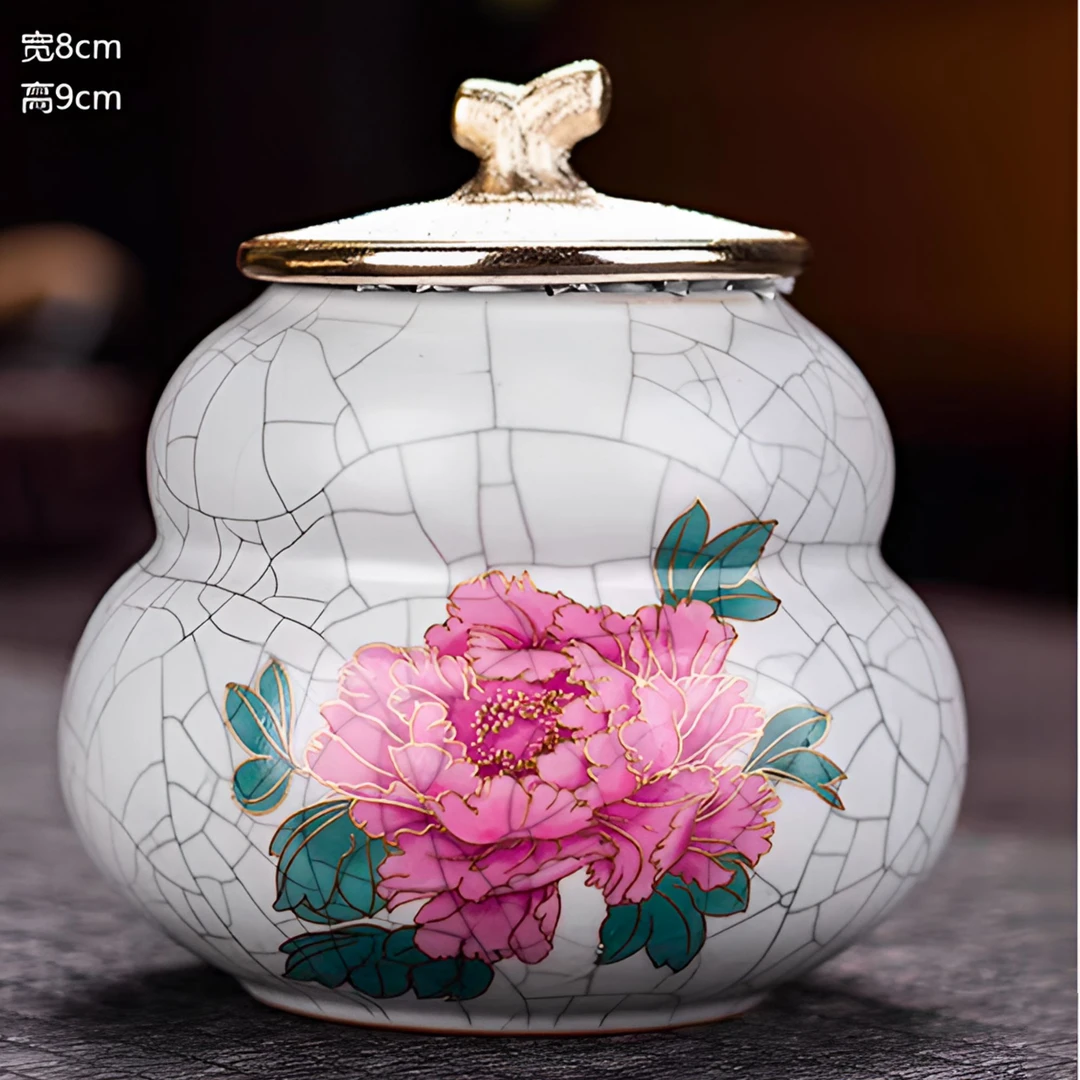 G1712-汝窑牡丹花葫芦茶叶罐