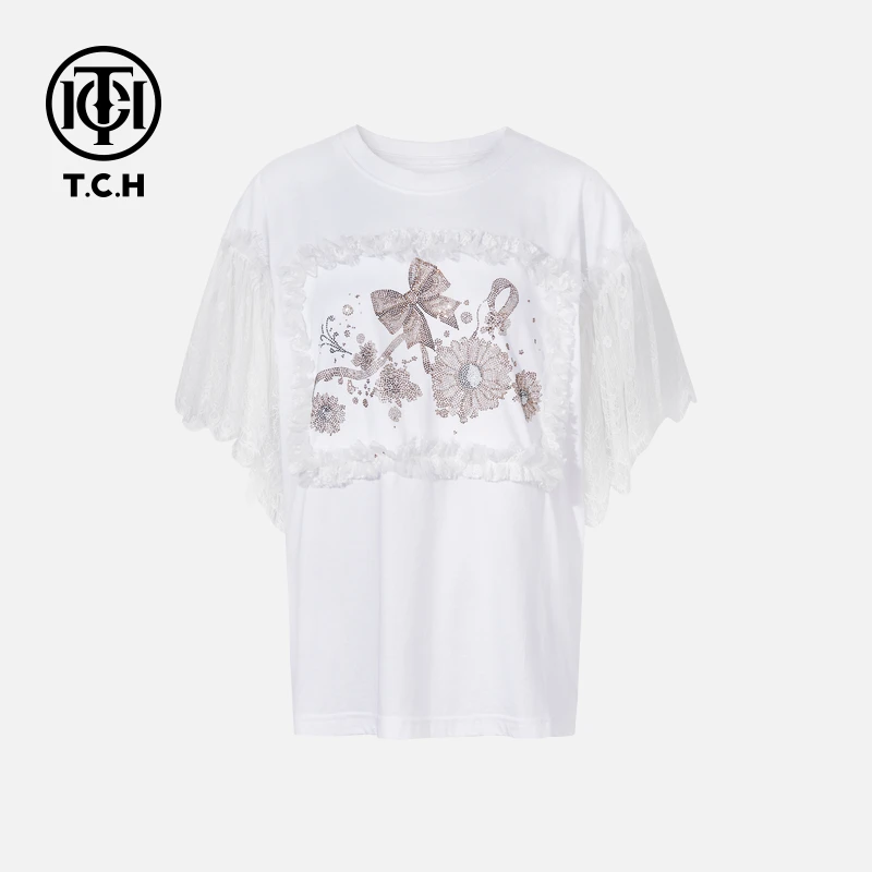 TCH烫钻工艺时尚休闲百搭气质蝴蝶结T恤女T75B10B1072轻奢tch