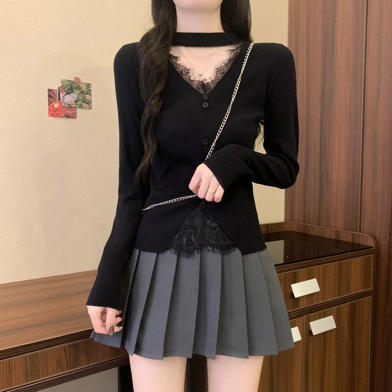80-160斤微胖大码内搭打底衫毛针织衫女春秋韩国chic蕾丝花边上衣