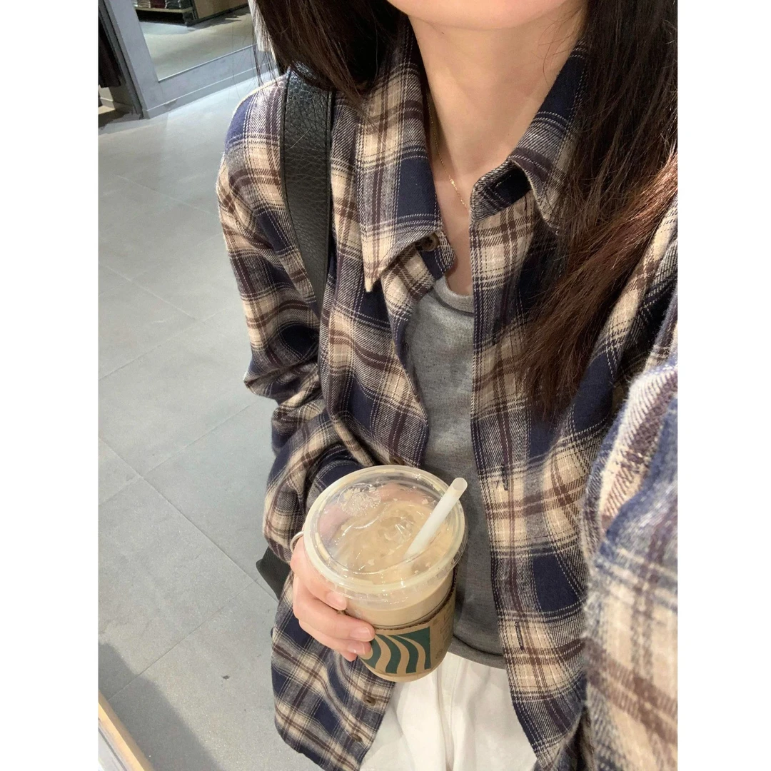 韩系藏青色磨毛格子衬衫女秋季慵懒宽松休闲长袖衬衣外套百搭