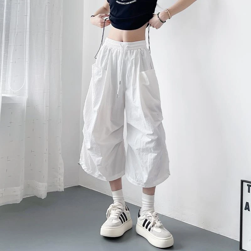 白色不透冰丝速干短裤女夏季大码胖mm显瘦遮肉登山运动工装七分裤