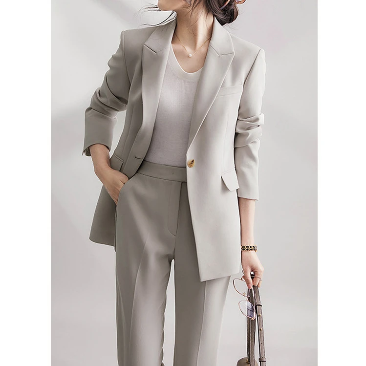 高级感三醋酸修身西服西裤2025秋季新款米灰小西装长袖女装春秋款