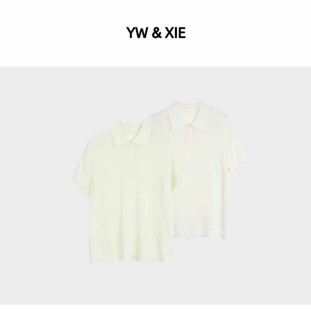 YW&XIE 8530夏季新款欧货POLO领半拉链羊毛宽松短袖T恤百搭上衣女