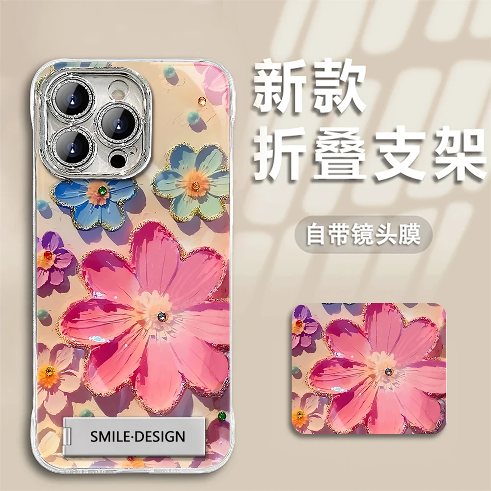 适用于【苹果】15Pro爆款油画花创意时尚羽纱无边框手机壳