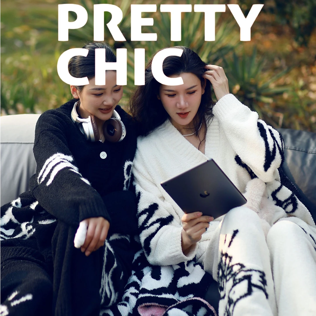 七七-艺术鸭冬季半边绒开衫家居服宽松条纹加厚保暖情侣原创睡衣