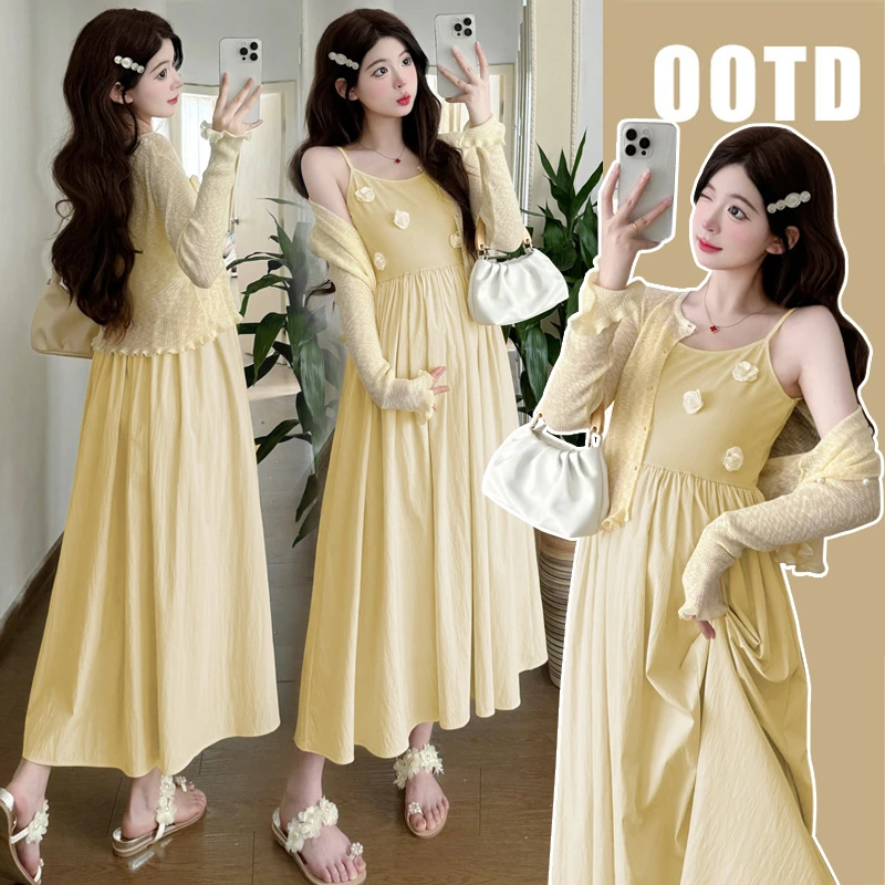 【苏安诺】孕妇装夏季设计感立体花朵吊带连衣裙+小开衫减龄两件套