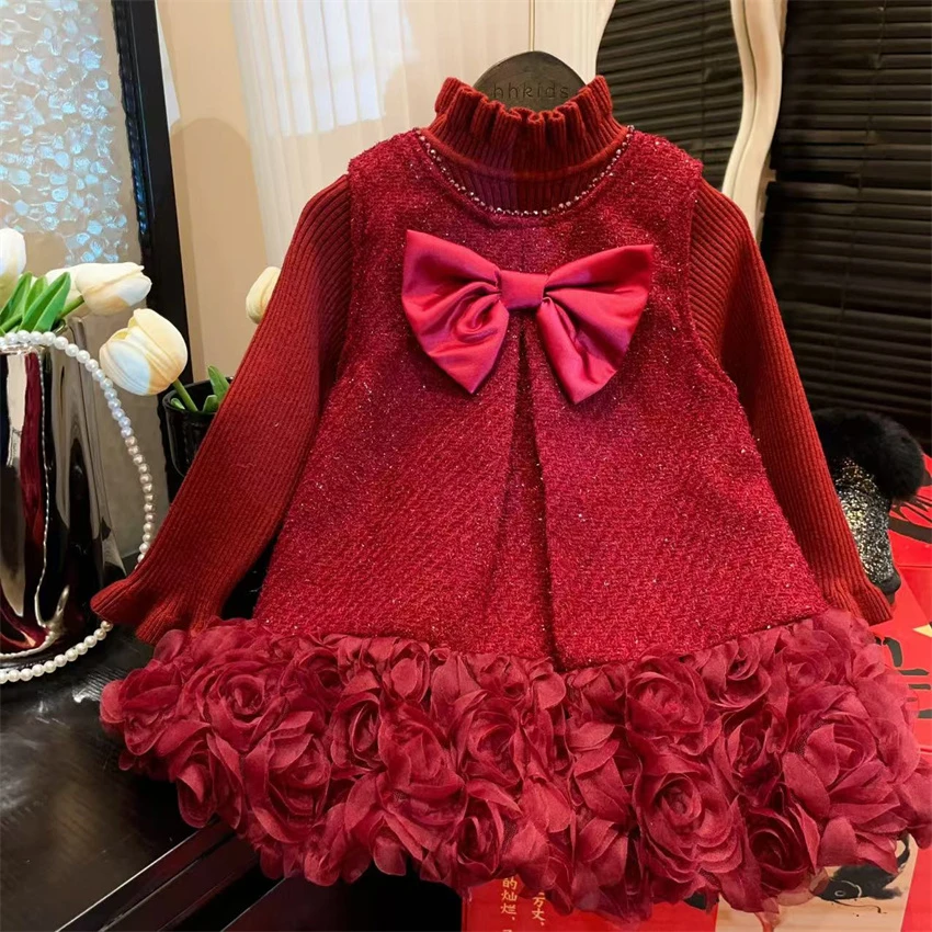 HHkids2024冬季新款洋气玫瑰蝴蝶结连衣裙打底两件套ETZ221
