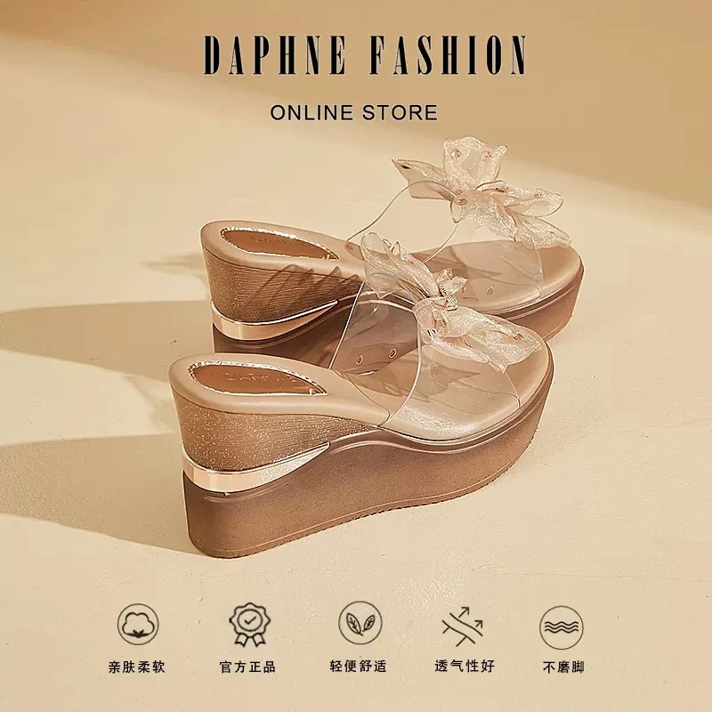 达芙妮超高跟坡跟拖鞋女2023新款厚底增高夏季外穿防水松糕凉拖鞋