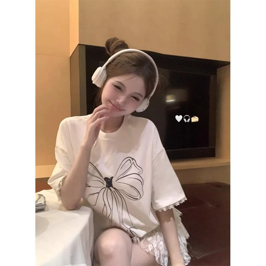韩系白色蝴蝶结印花蕾丝边短袖T恤女夏2025新款宽松大码显瘦上衣