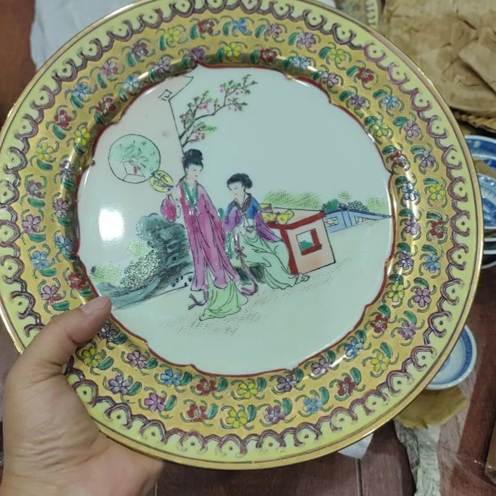 瓷纯手绘仕女开窗盘子一片直径26