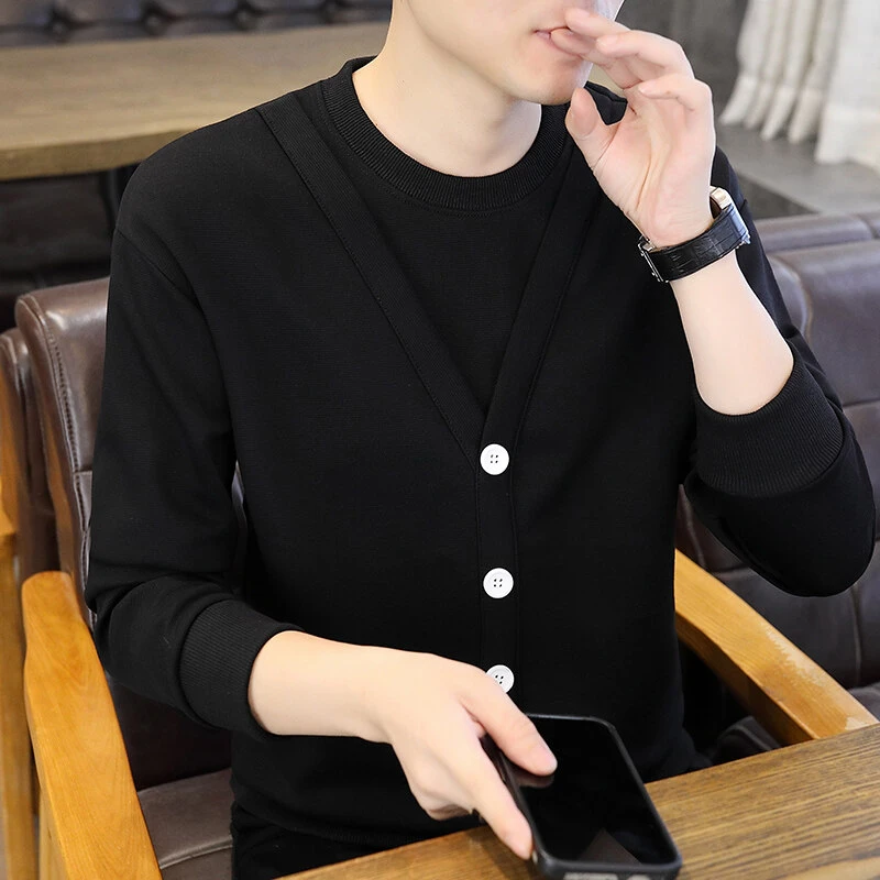 2025新款男士秋冬季假两件卫衣开衫圆领套头打底衫时尚潮流上衣潮