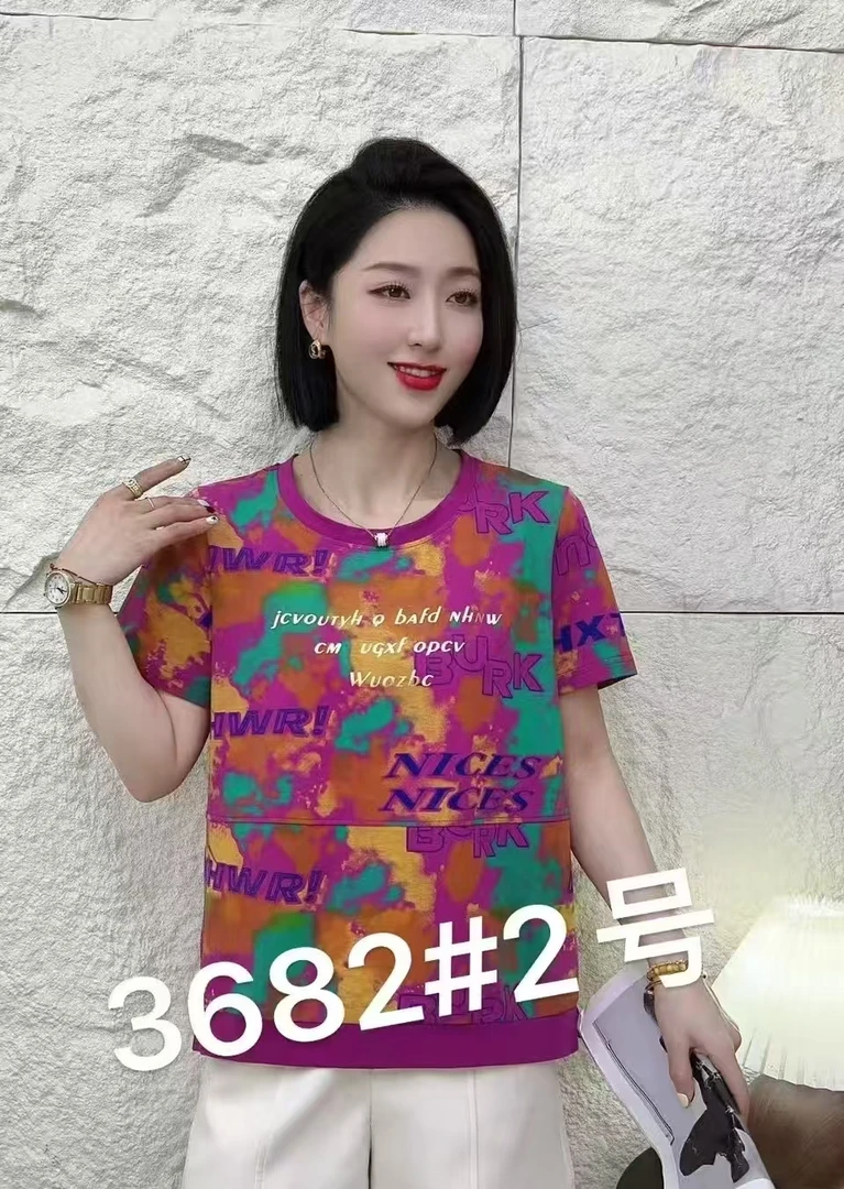 3682新款时尚百搭休闲圆领夏季半袖印花女衫