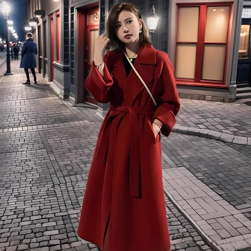 红色双面羊绒呢子大衣女冬季2025新款高级感中长款韩系羊毛呢外套
