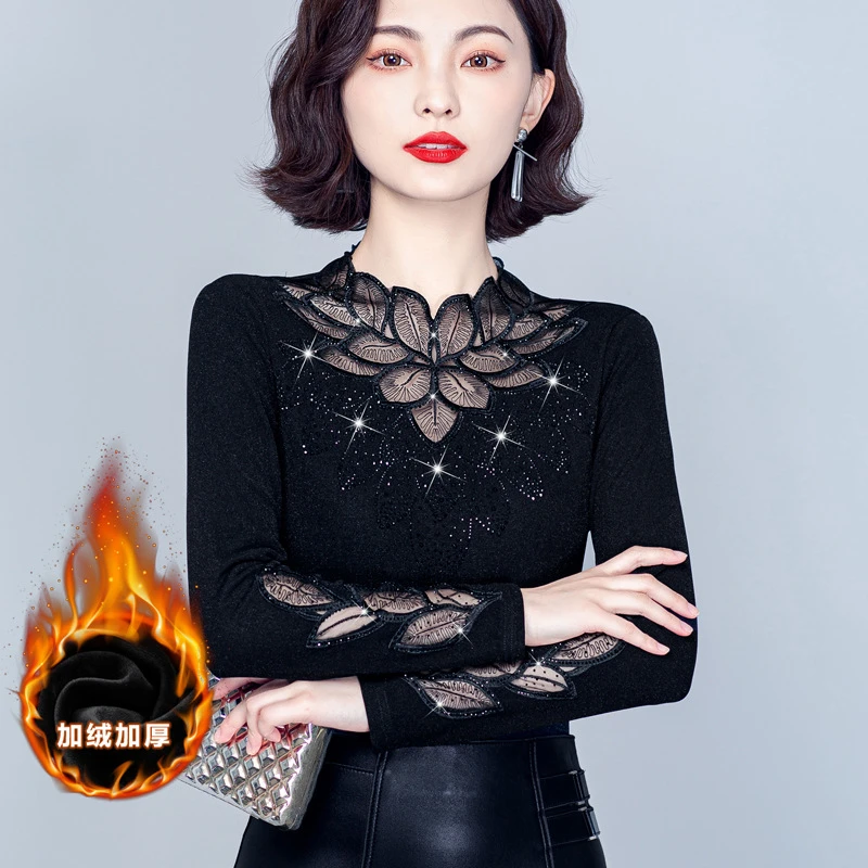 2025年新款加绒加厚打底衫女春秋洋气黑色蕾丝小衫网纱长袖上衣潮