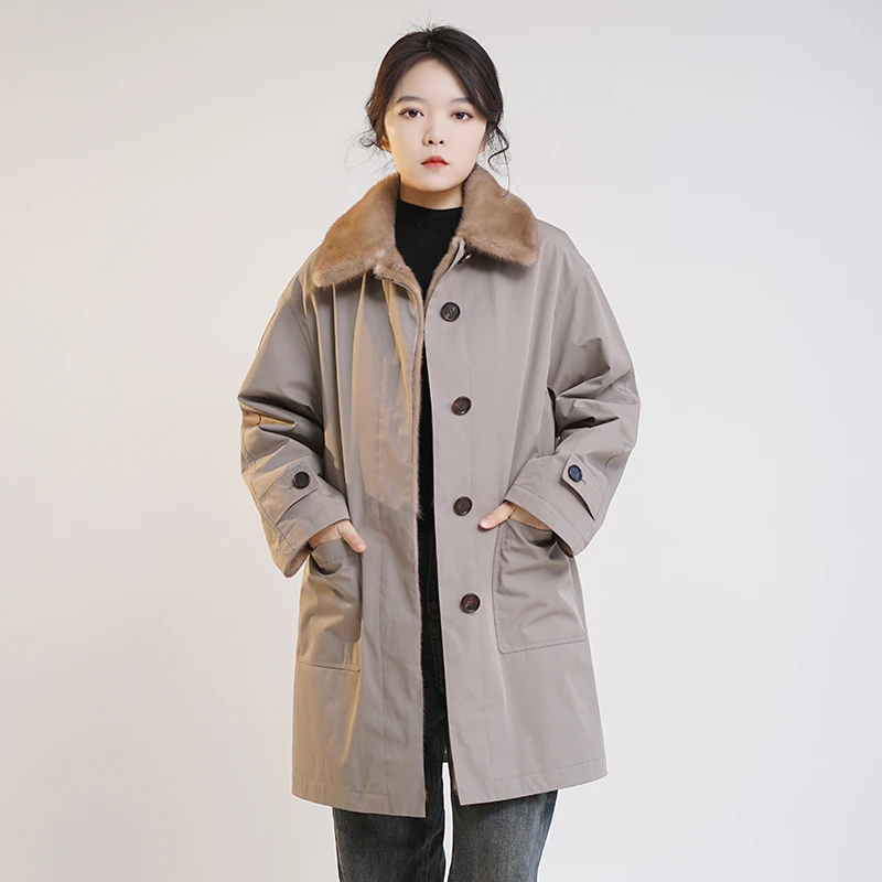 谜语 水貂内胆风衣皮草外套简约方领双面穿大衣廓形中长款 25633
