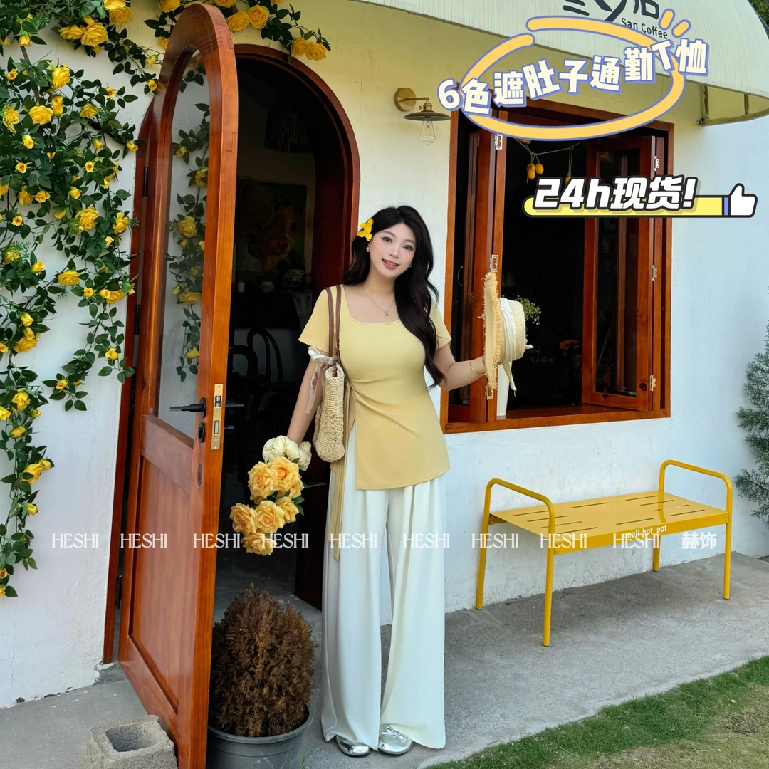 现货【小雨】2025微胖方领设计感通勤夏季显瘦小众上衣T恤04038D