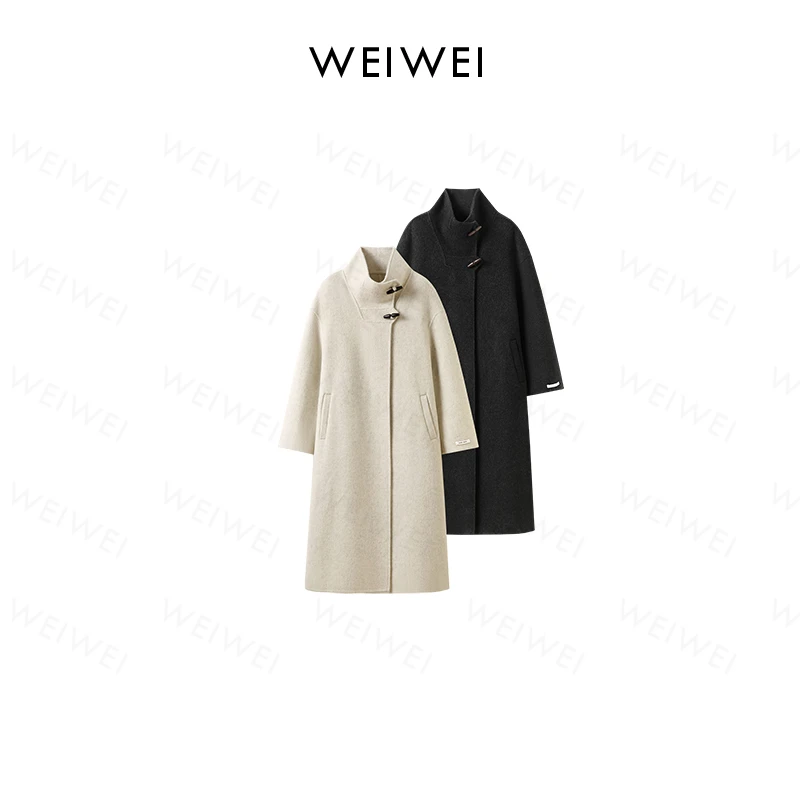 【特价】经典立领牛角扣气质双面呢长款羊毛大衣ss26474