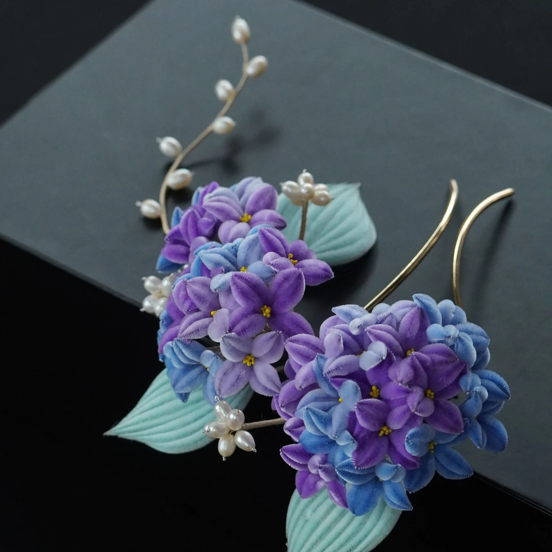 紫蓝款大绣球插梳古典风发饰 非遗绒花日常旗袍配饰古风南京绒花
